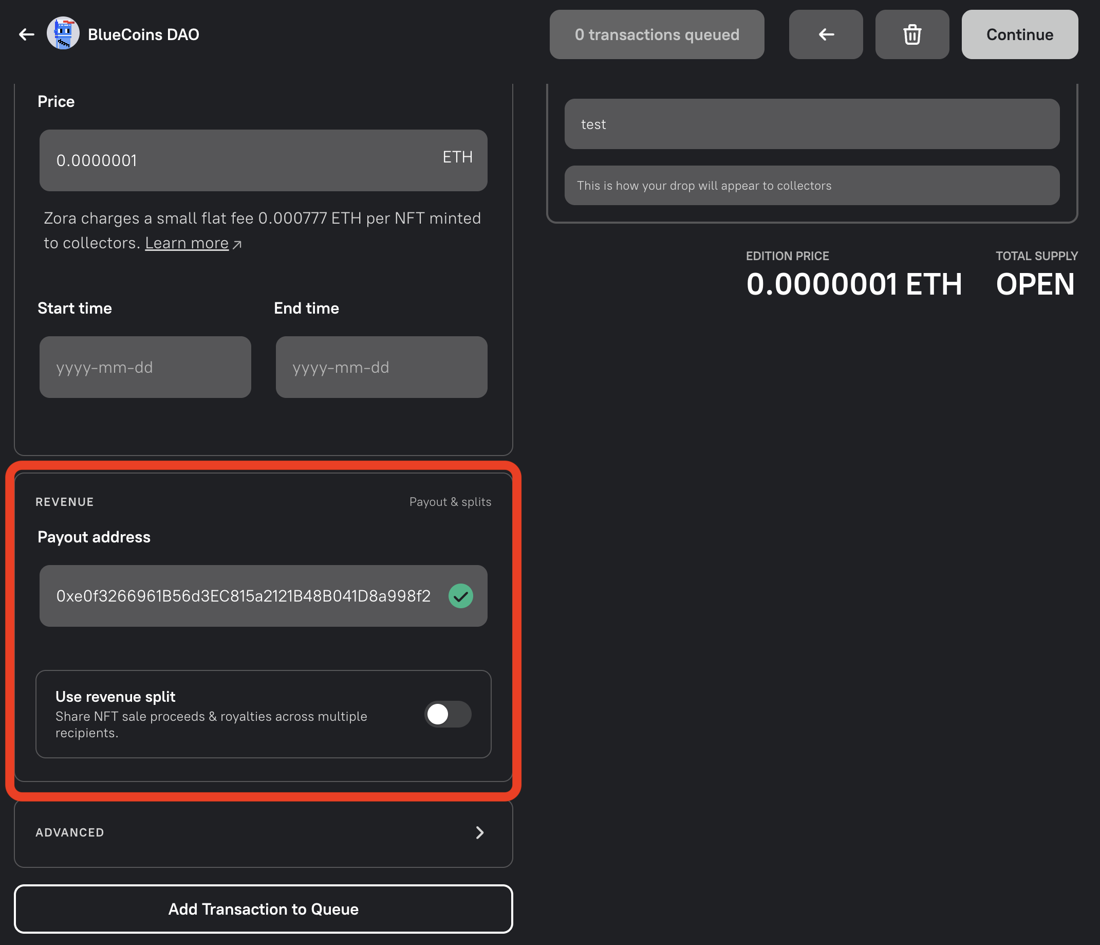 Droposal revenue section with the revenue split option