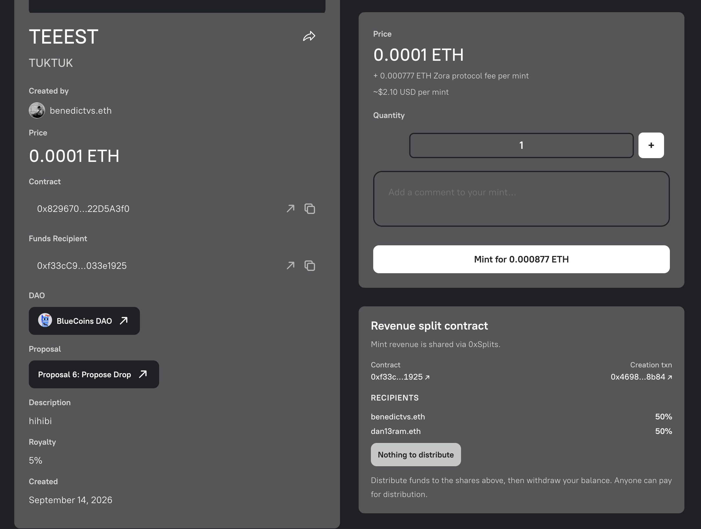 Droposal page with the Revenue split contract panel below the mint form
