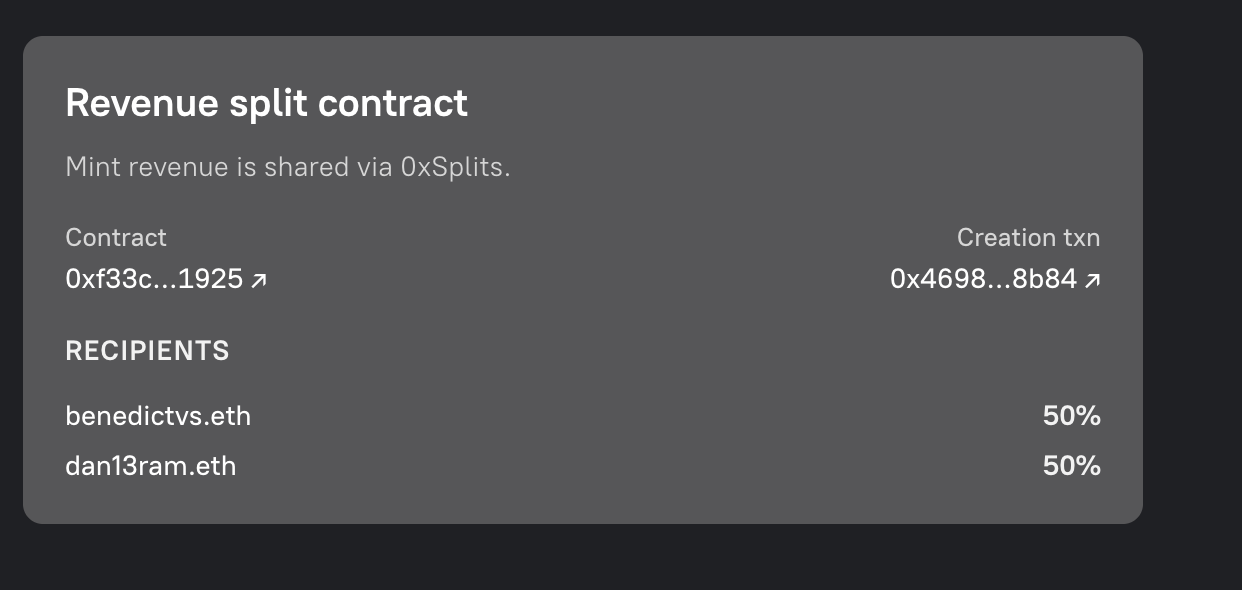 Read-only Revenue split contract panel shown to logged-out visitors and wallets that are not split recipients