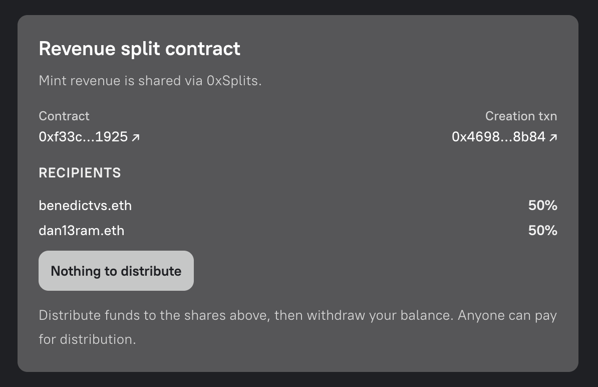 Revenue split contract panel shown to a connected split recipient, with payout controls and withdrawal guidance