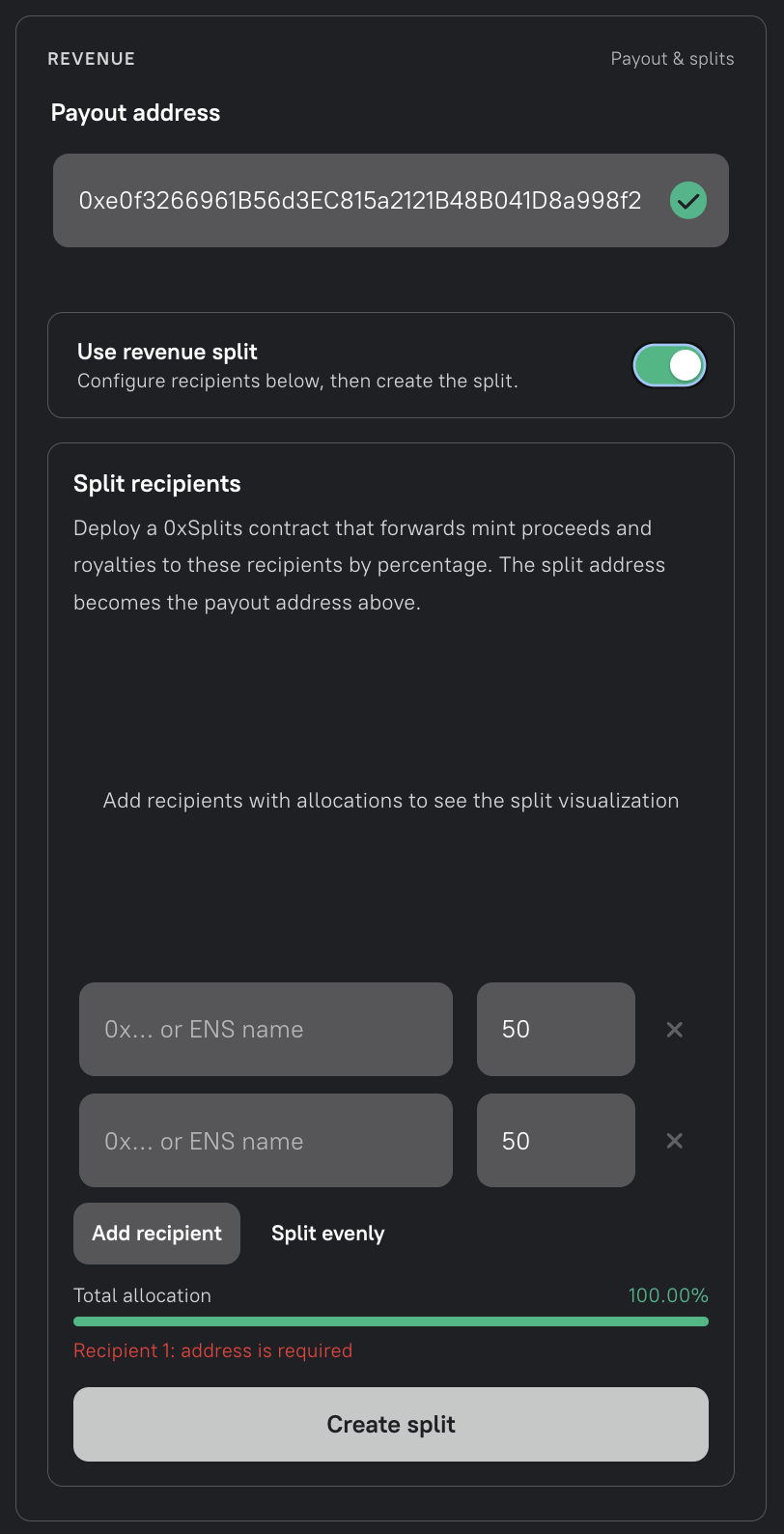 Droposal split recipient configuration