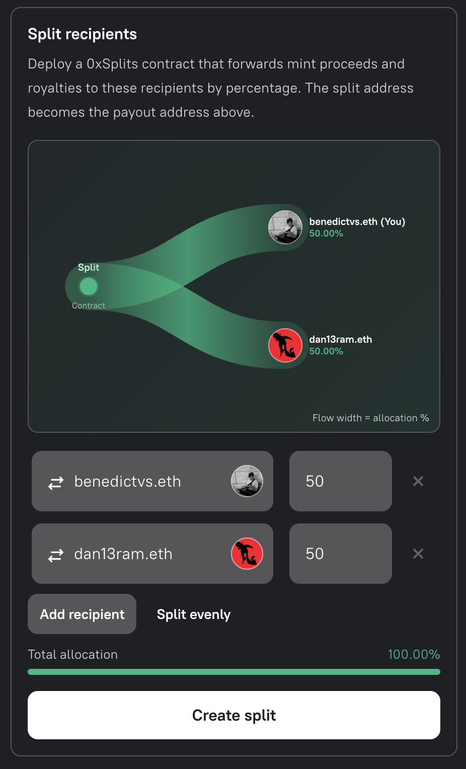 Droposal revenue split flow visualization
