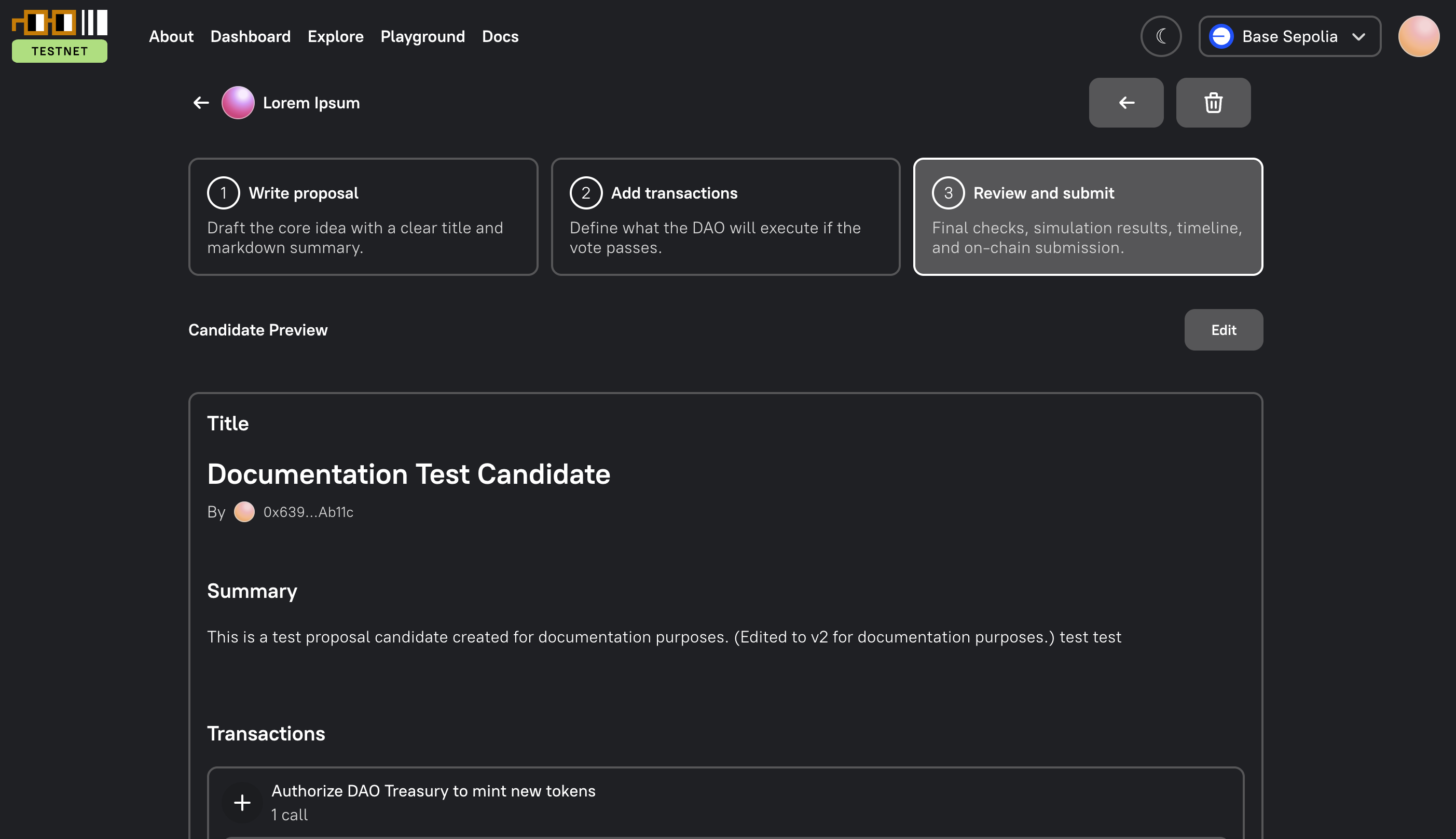 The candidate review step showing the candidate summary and transactions