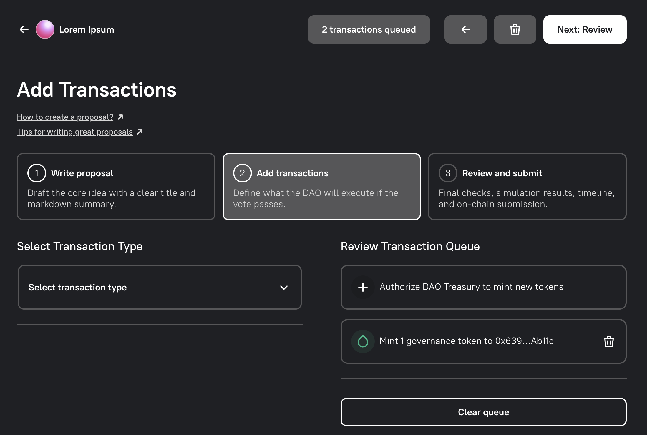 The Add Transactions step with two candidate transactions queued