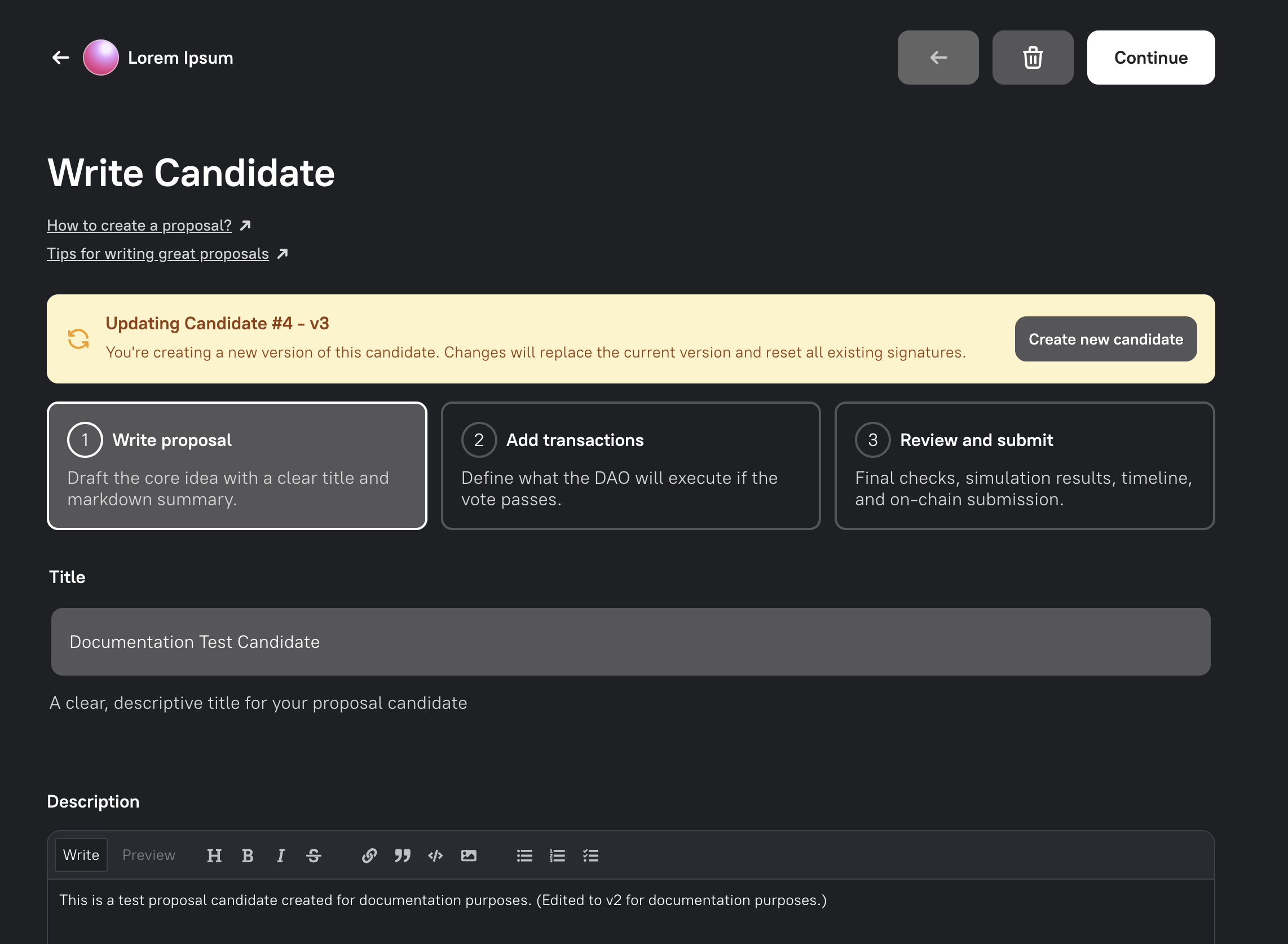 The Write Candidate step when updating an existing candidate