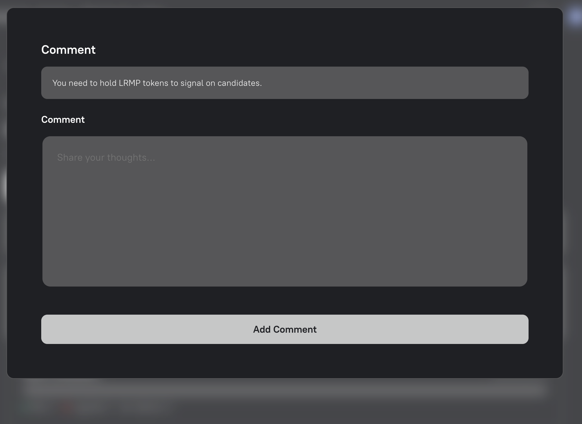 The candidate comment form explaining that a governance token is required to signal