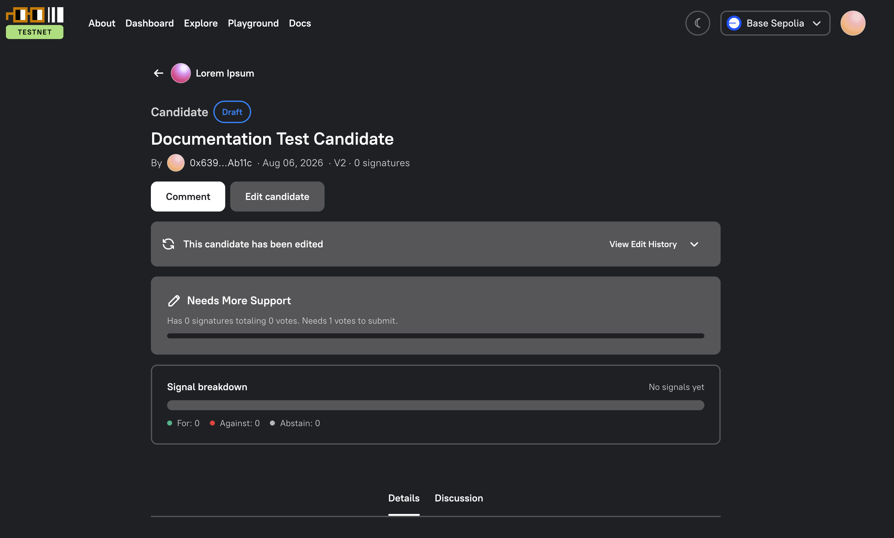 A proposal candidate overview showing its version, signatures and signals