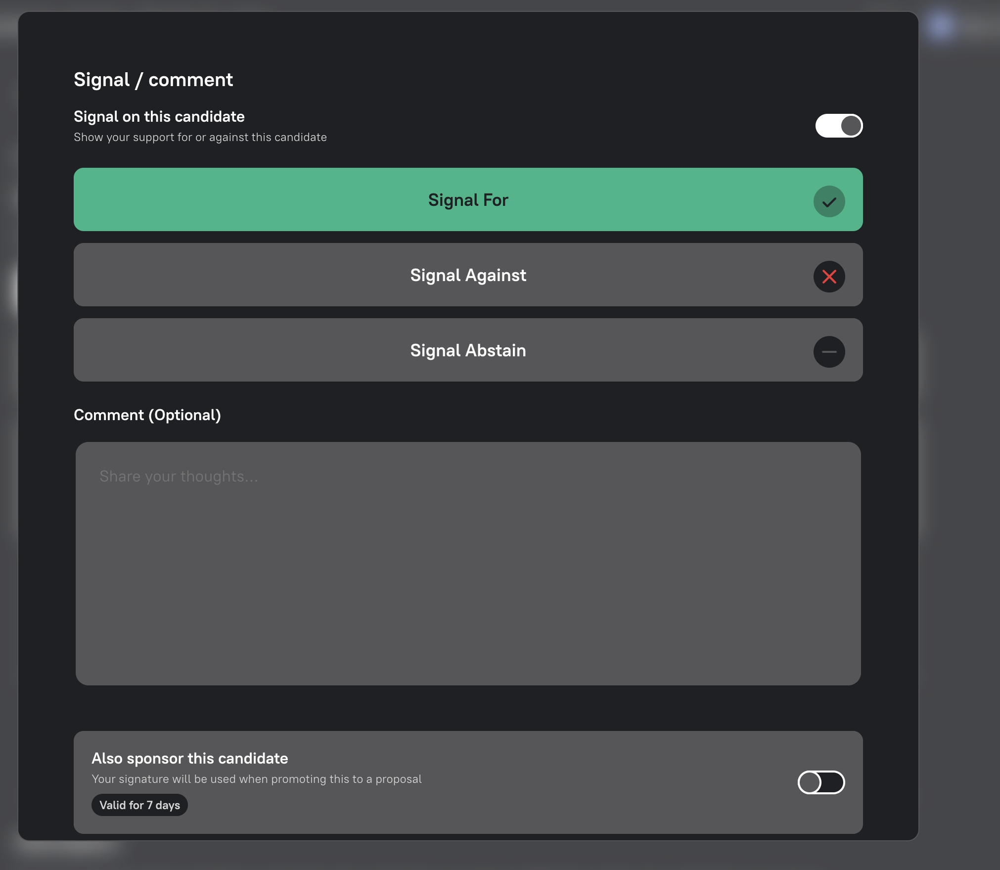 The candidate discussion form with For, Against and Abstain signal options