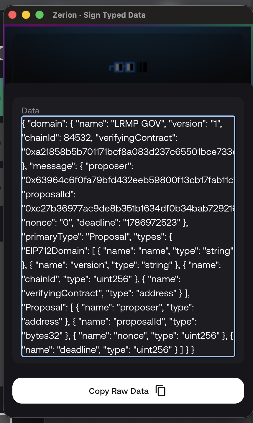 A wallet displaying the raw EIP-712 typed data for a candidate sponsor signature