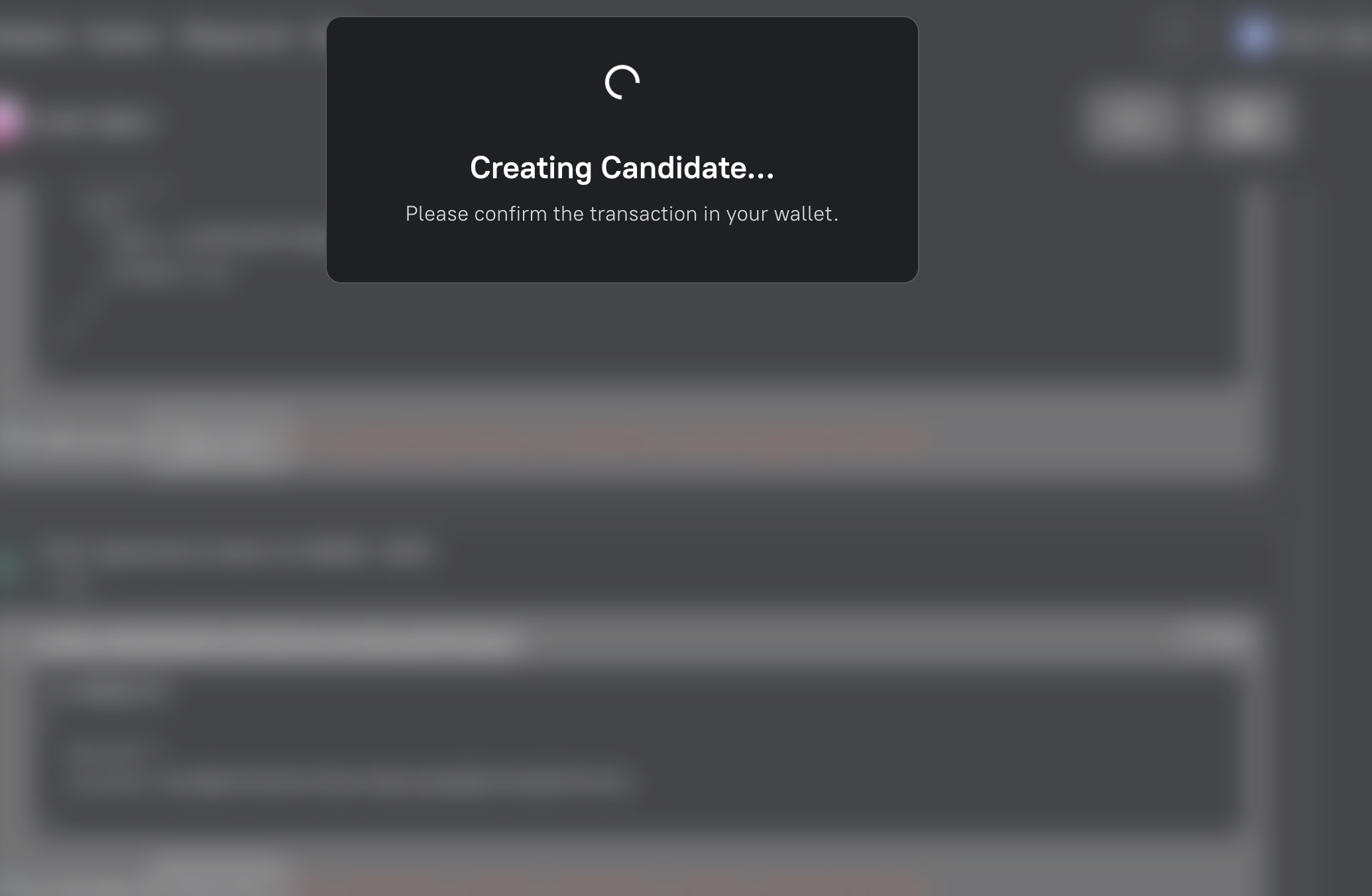 The Creating Candidate screen asking for wallet confirmation