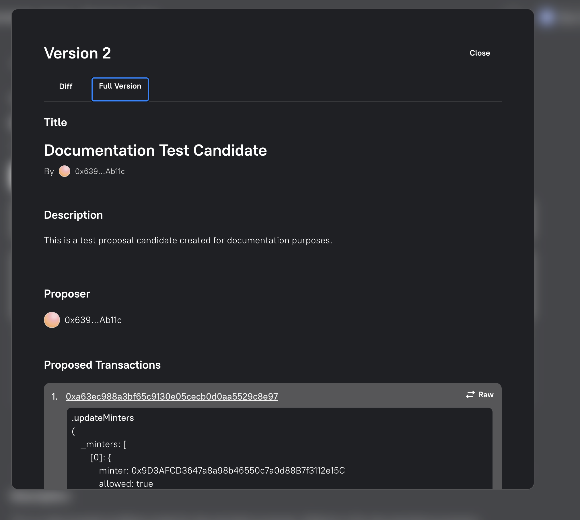 The Full Version view for a previous candidate revision