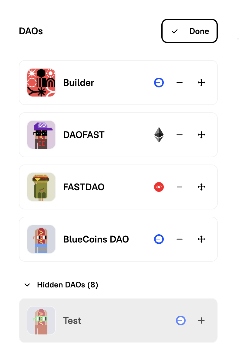 Clicking the minus icon to hide a DAO from the profile