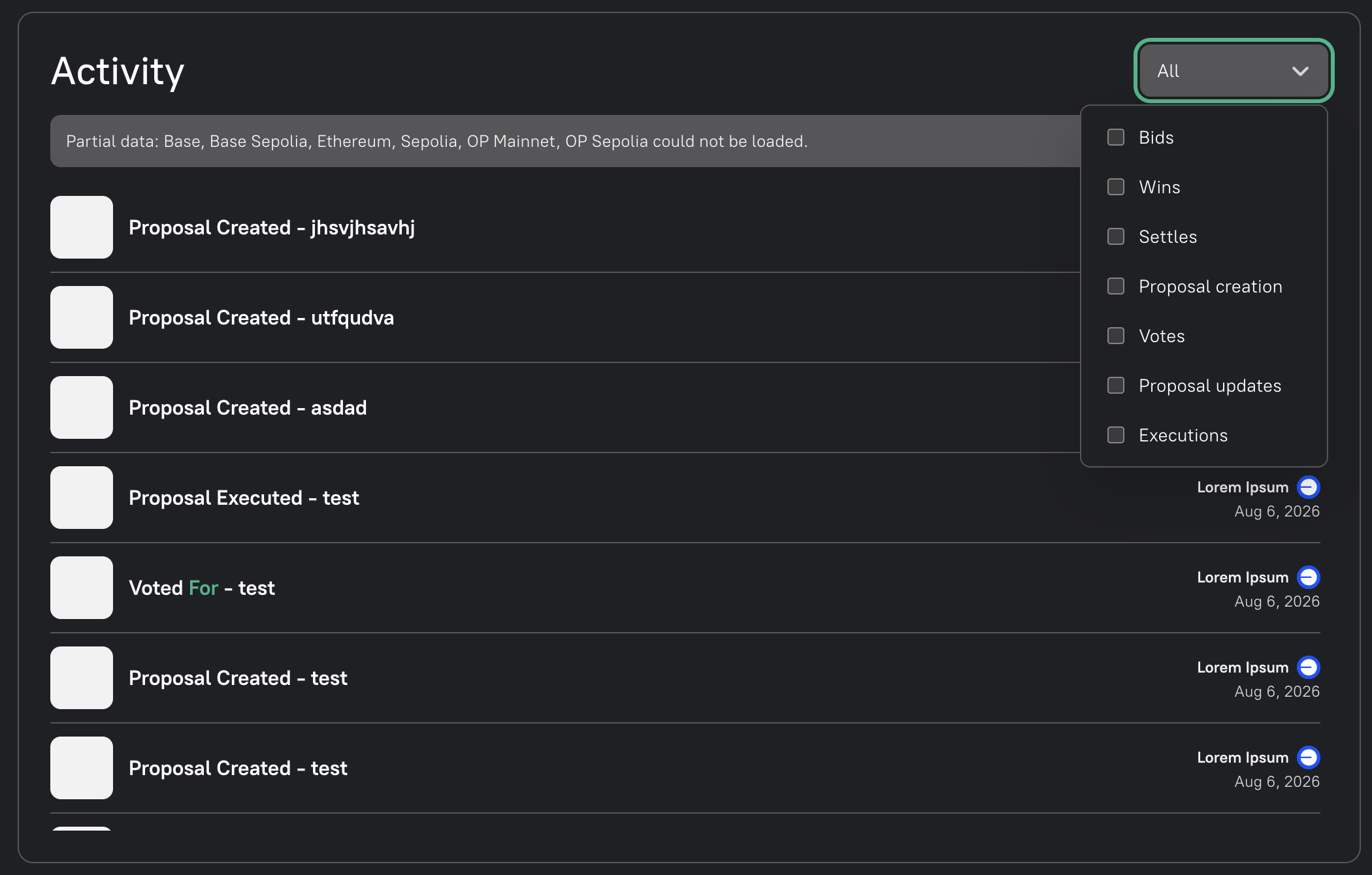Profile activity filter menu
