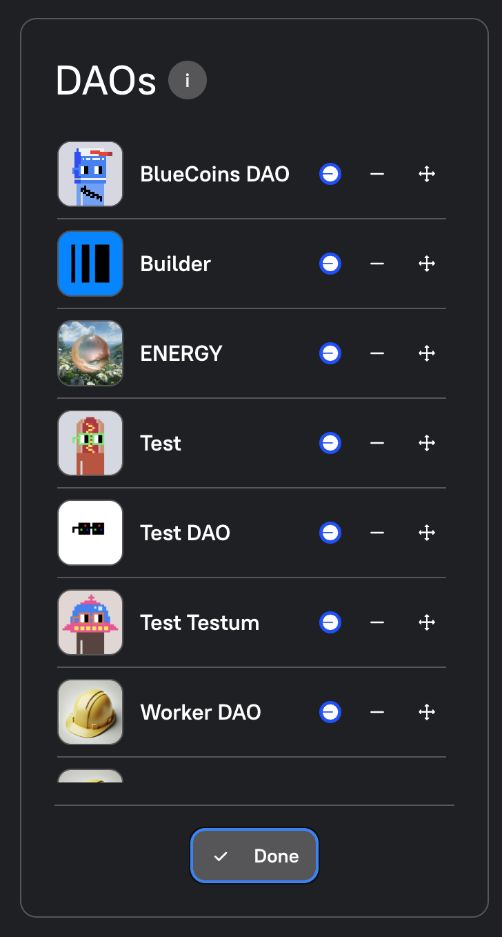 Profile DAOs section in Edit mode with remove and reorder controls
