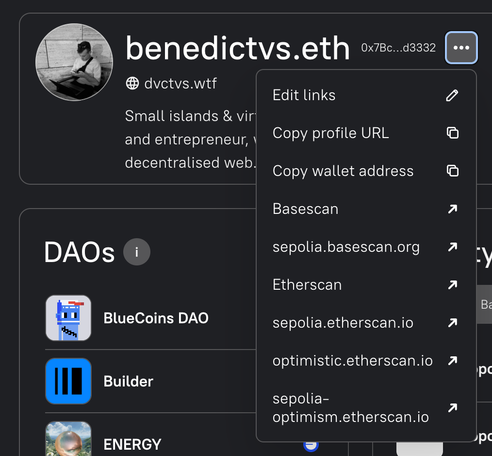 Profile options menu with link, copy and block explorer actions