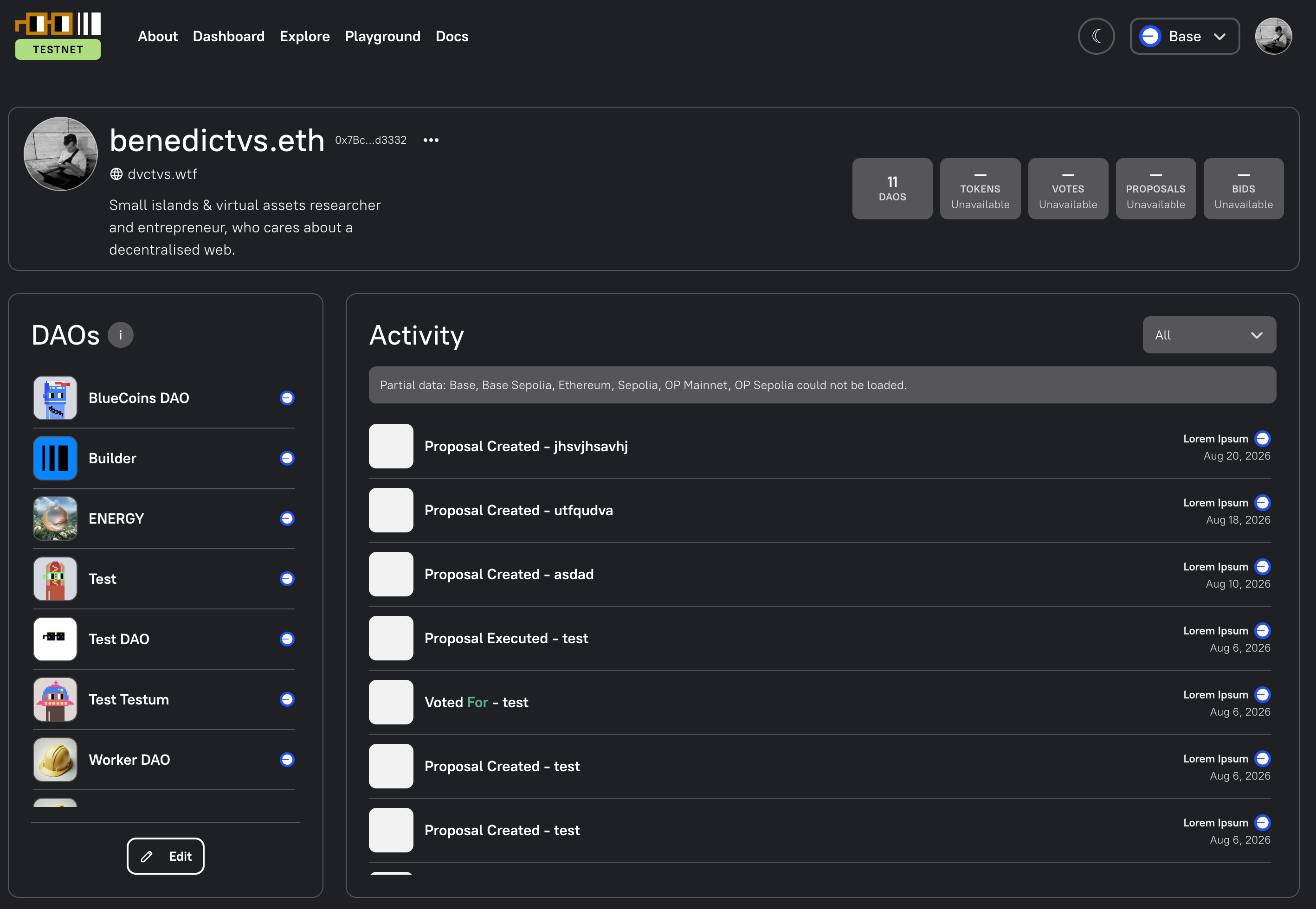 Profile overview showing identity, summary cards, DAO list and activity feed
