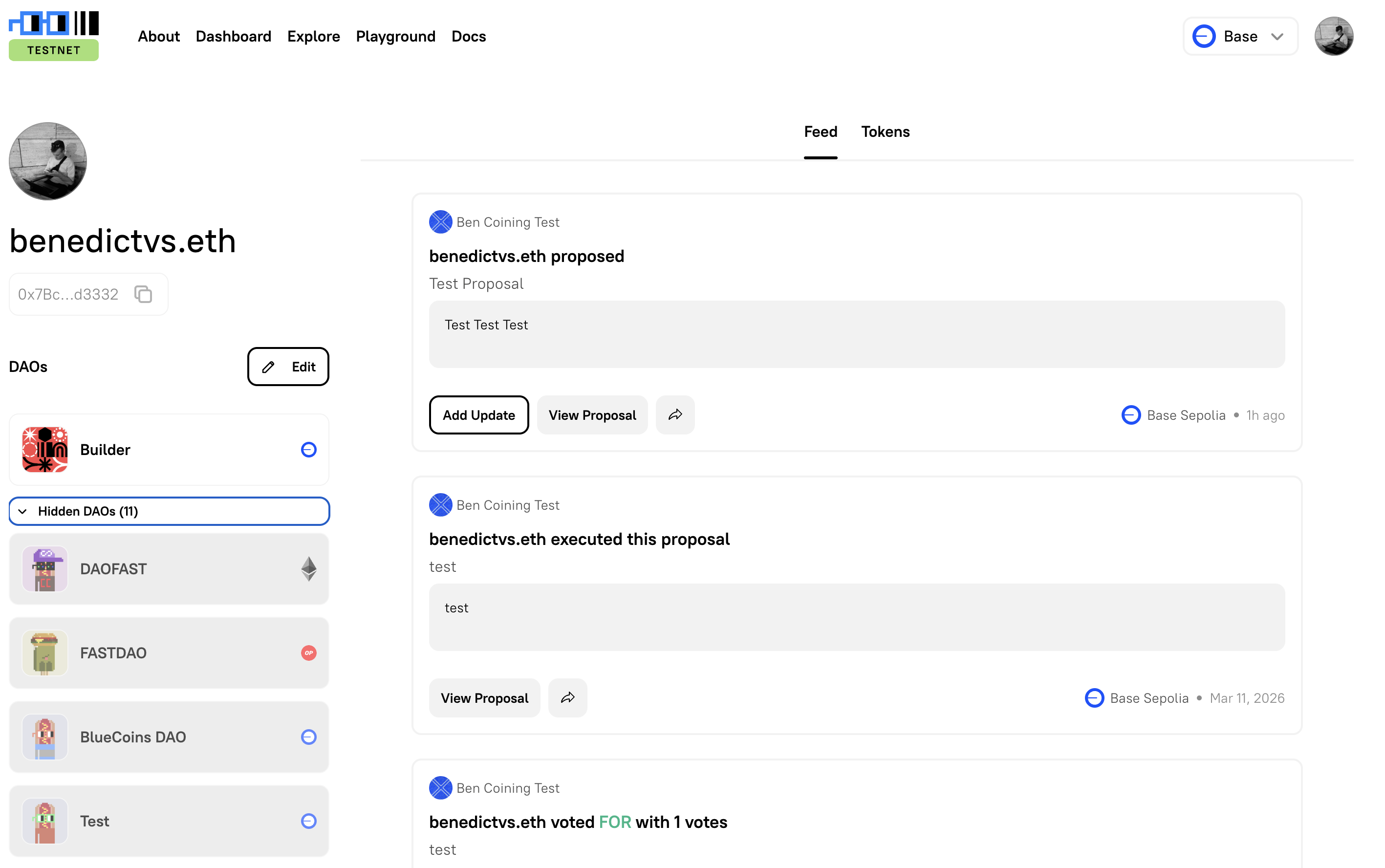 Profile overview showing ENS name, wallet address, and activity feed