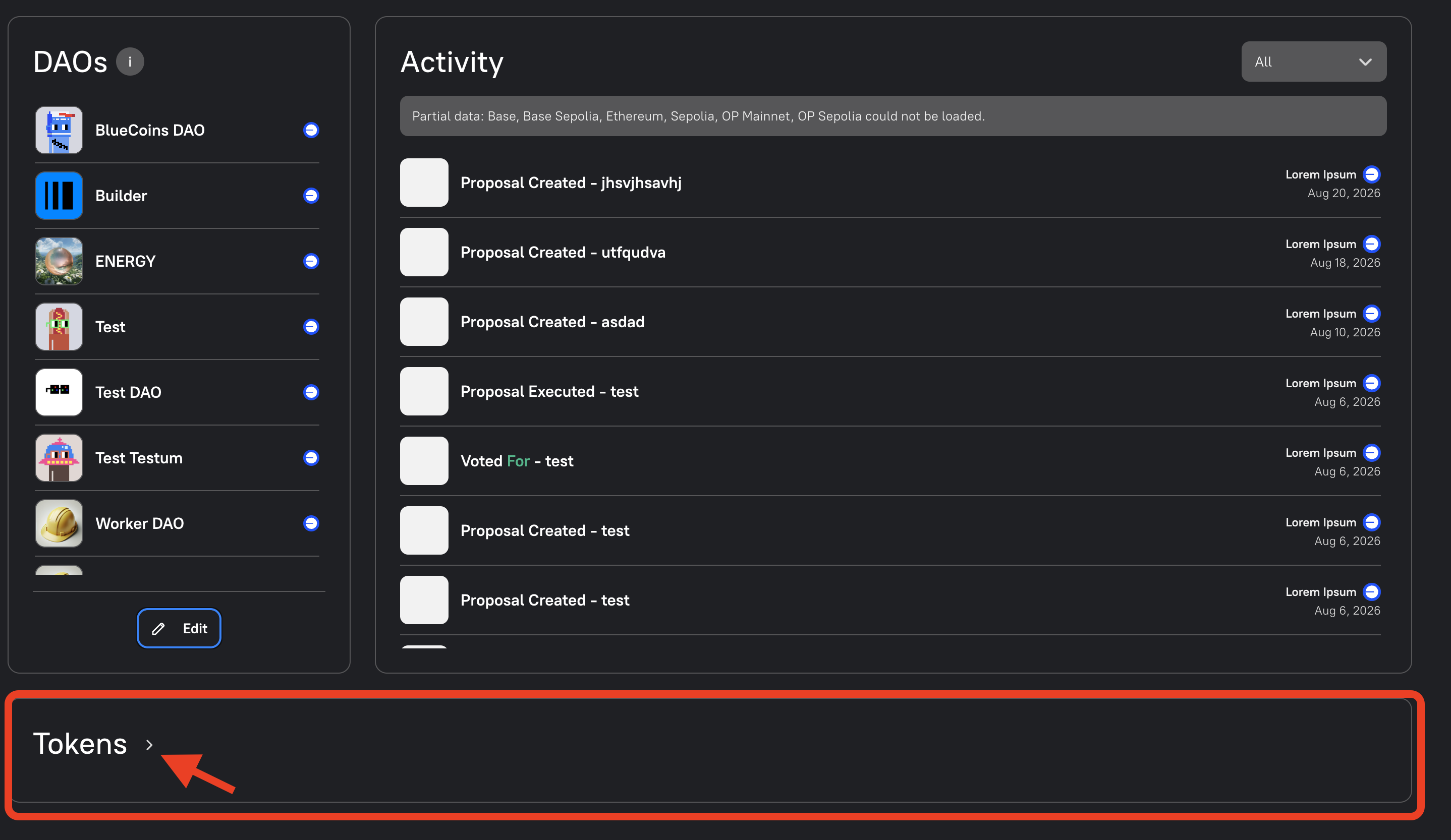 Collapsed Tokens section on the profile