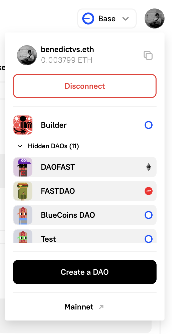 Wallet dropdown showing DAOs, hidden DAOs, Create a DAO button, and network switcher