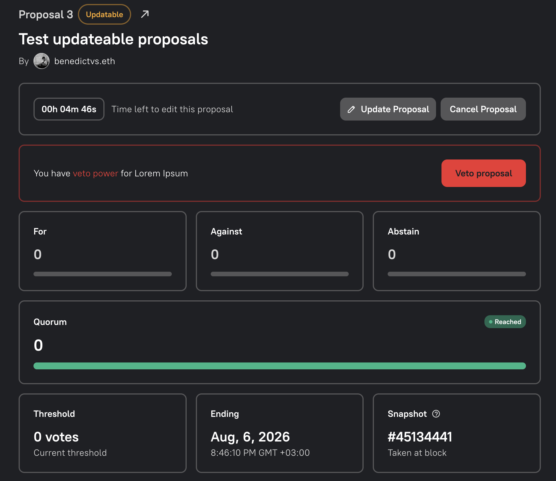 An Updatable proposal showing the edit countdown and Update Proposal button