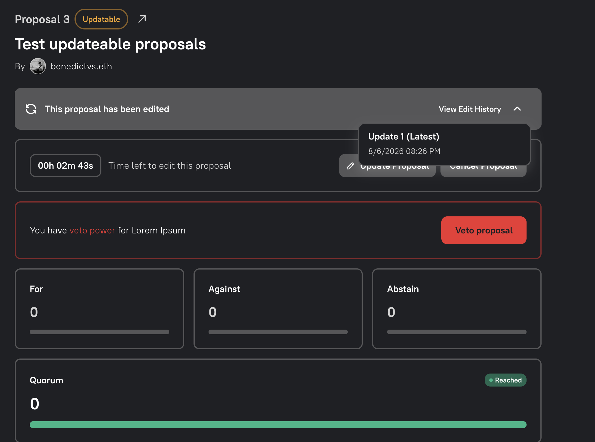 A proposal update diff showing removed and added text