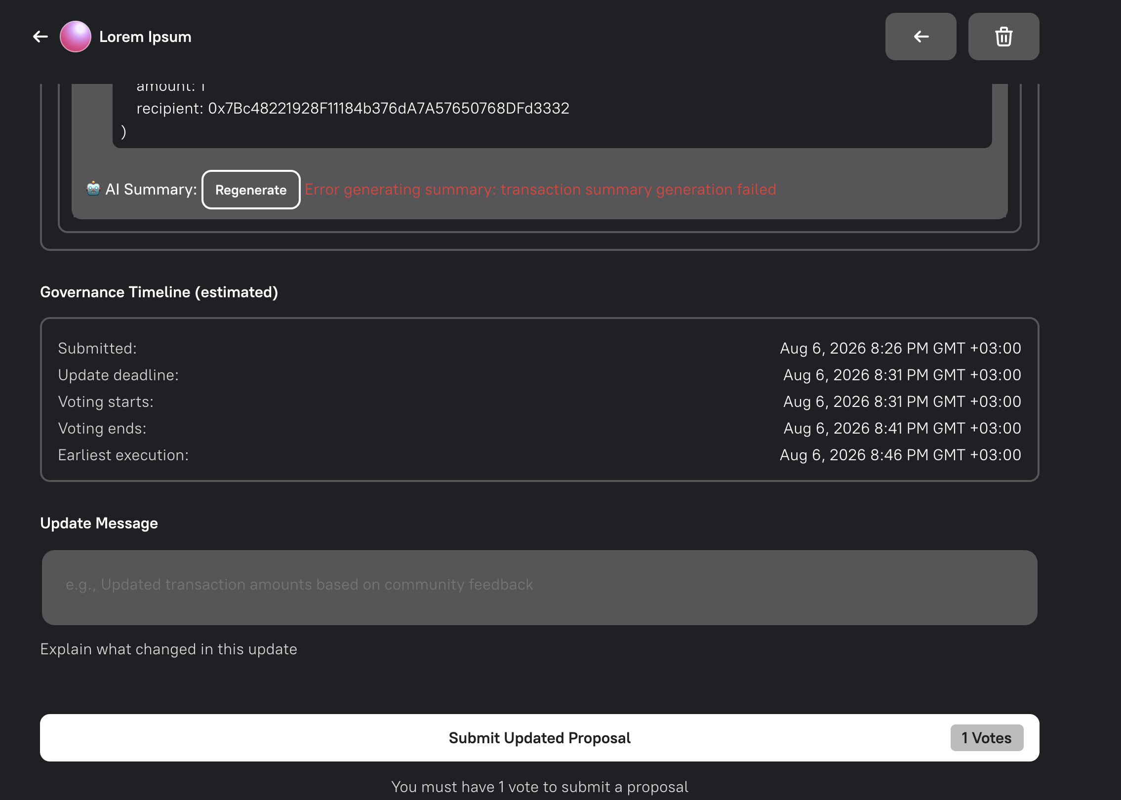 The update review step showing the governance timeline and Update Message field
