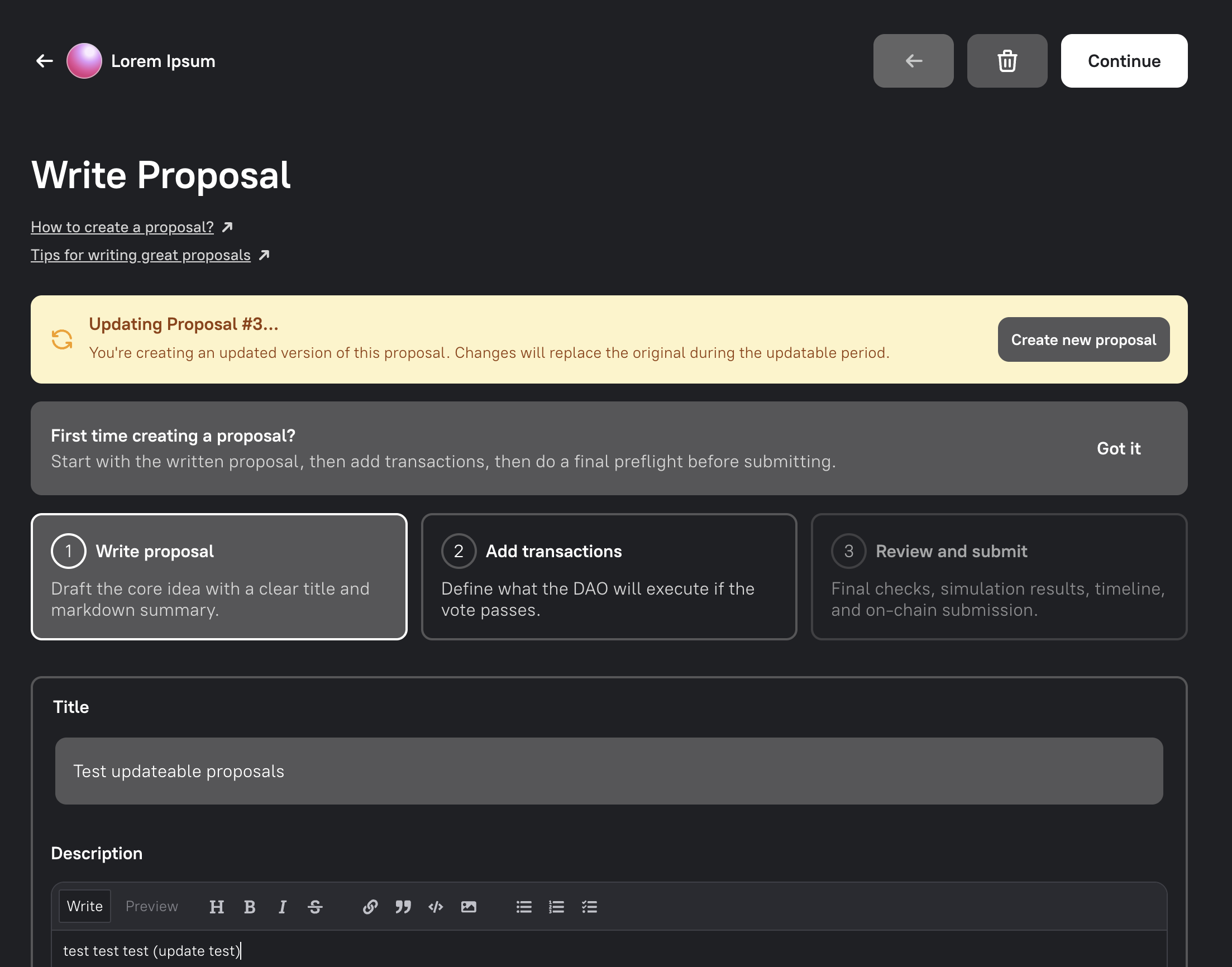 The Write Proposal step while updating a proposal