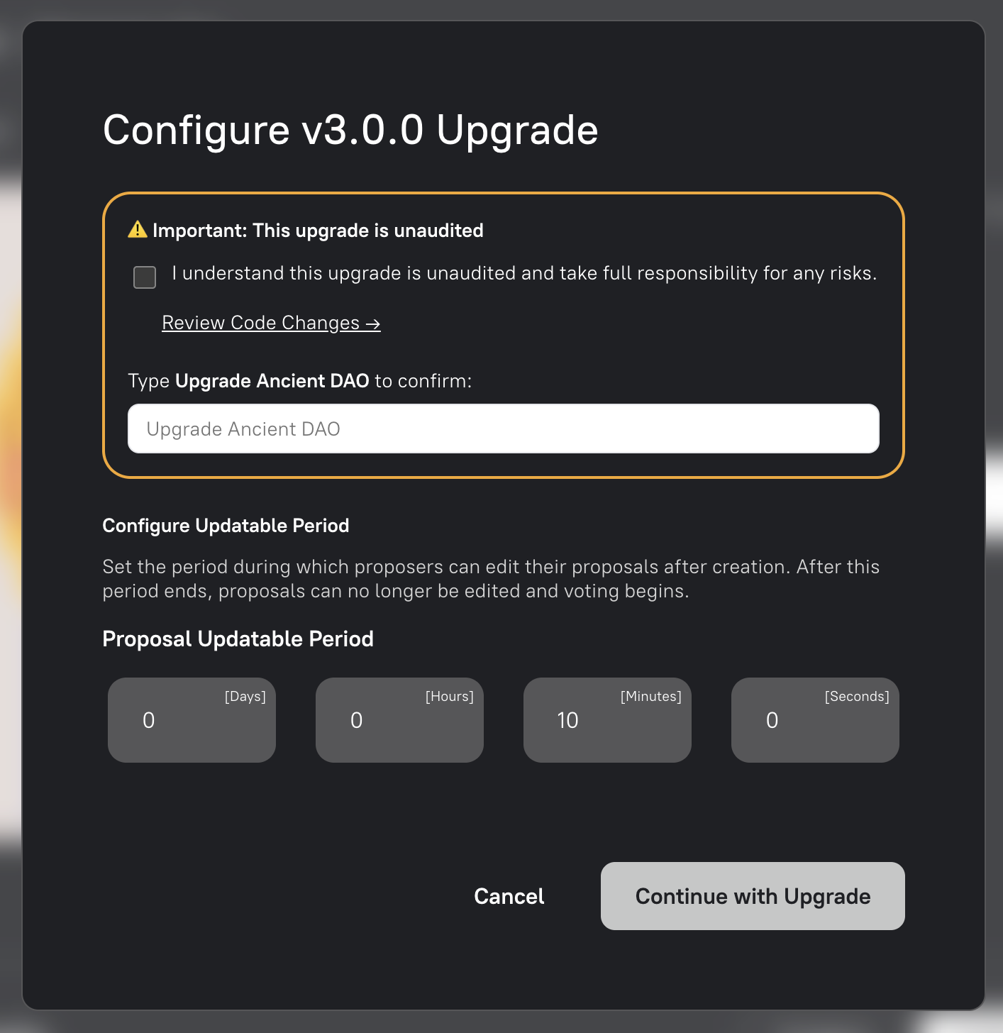 The upgrade configuration showing the unaudited warning, code-review link, confirmation field and update-period controls