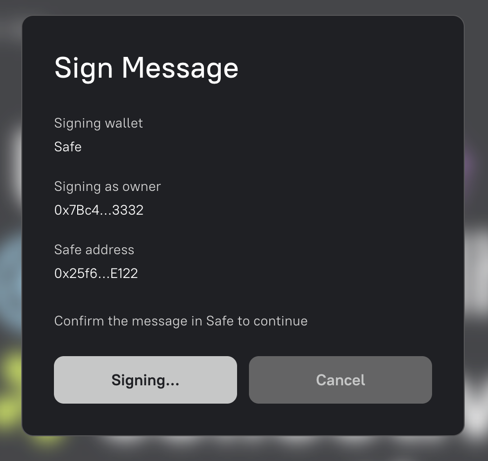 Nouns Builder Safe sign-in request showing the owner and Safe addresses