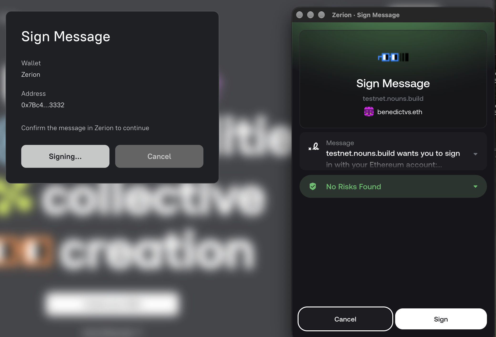 A Nouns Builder sign-in request alongside the wallet signature prompt